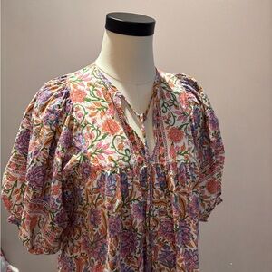 Thalia Top by Mille: Floral Puff Sleeve Blouse with Tassels